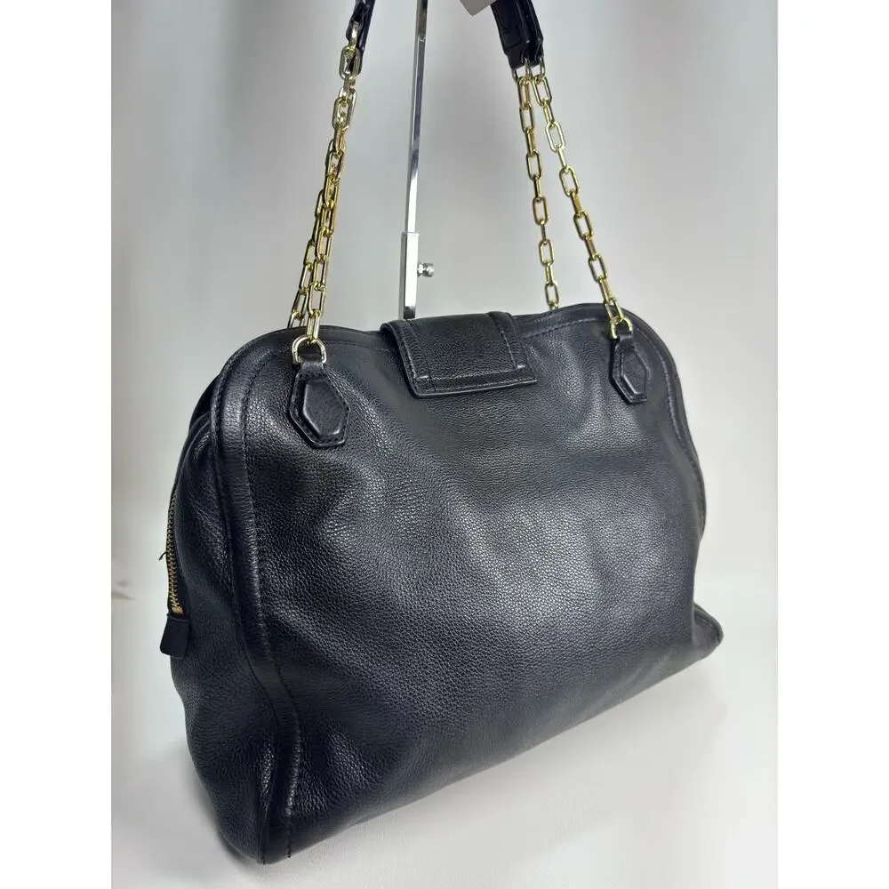Tory Burch Amanda Black Pebbled Leather Hobo Satchel Shoulder Bag Gold Chain T